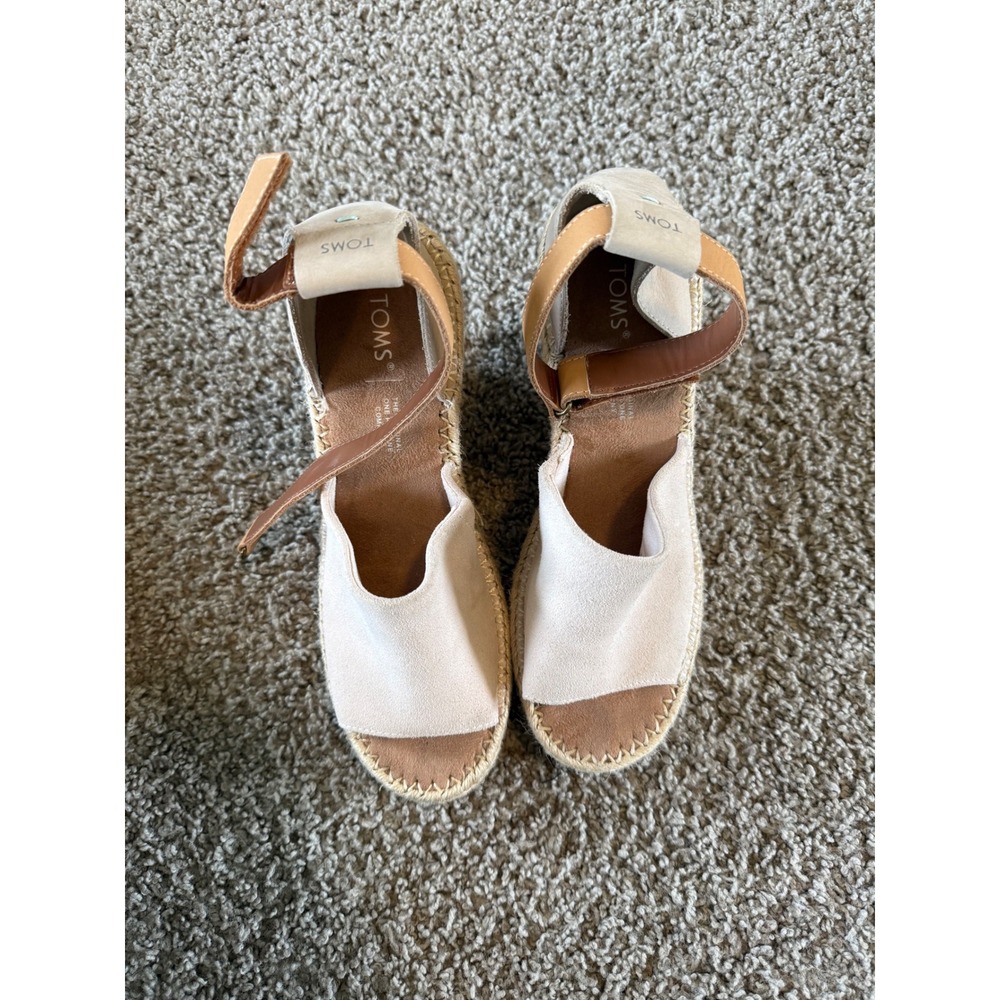 TOMS Monica Cream Suede Espadrille Wedge Sandals Tan Ankle Strap Womens 9